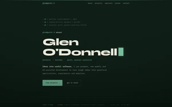 The previous forest-green glenodonnell.com home page, with its terminal introduction and large Glen O’Donnell heading